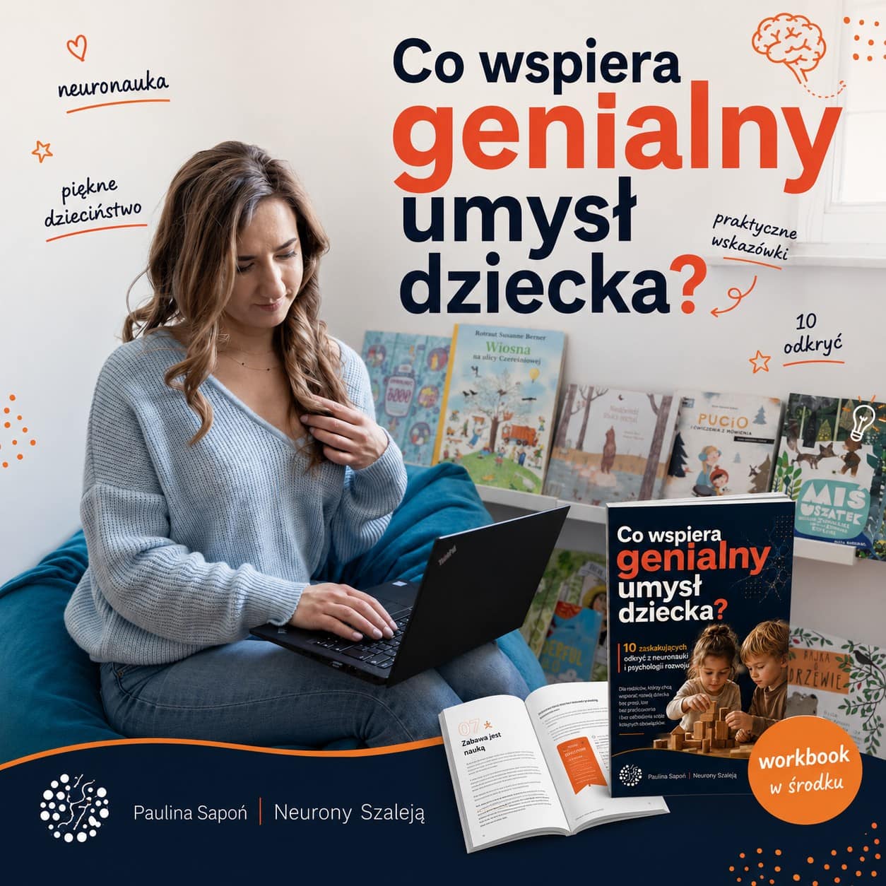 Paulina Sapoń oraz mockupy ebooka Co wspiera genialny umysł dziecka