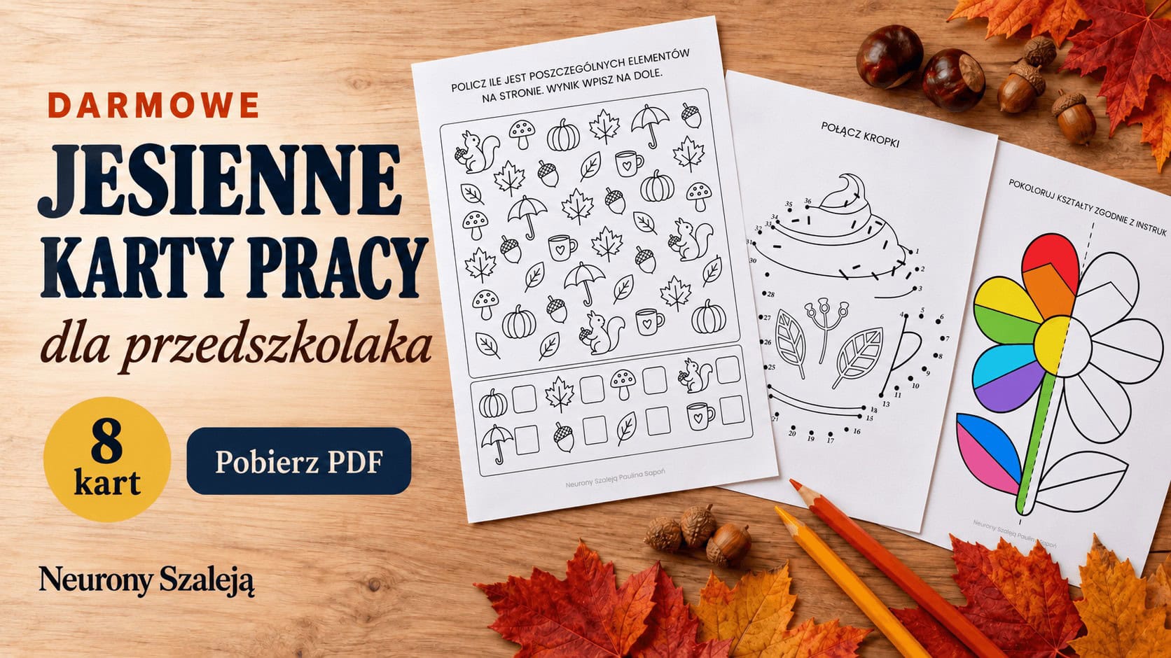 Jesienne karty pracy dla przedszkolaka — 8 darmowych do wydruku