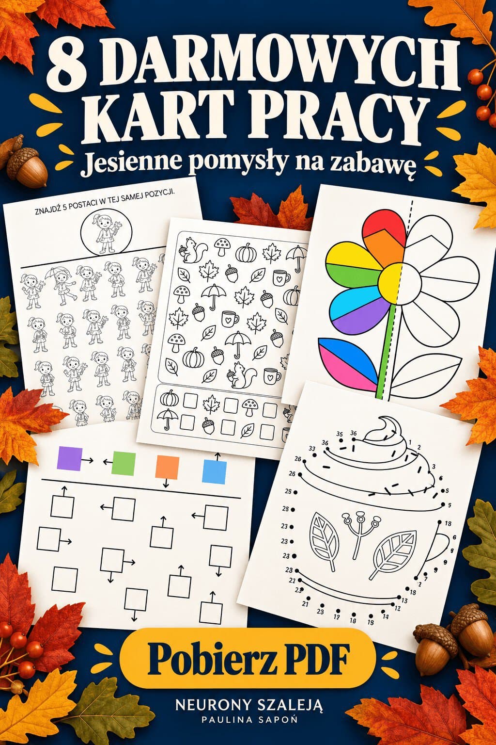 Darmowe jesienne karty pracy dla przedszkolaka — 8 zadań do wydruku w PDF od Neurony Szaleją