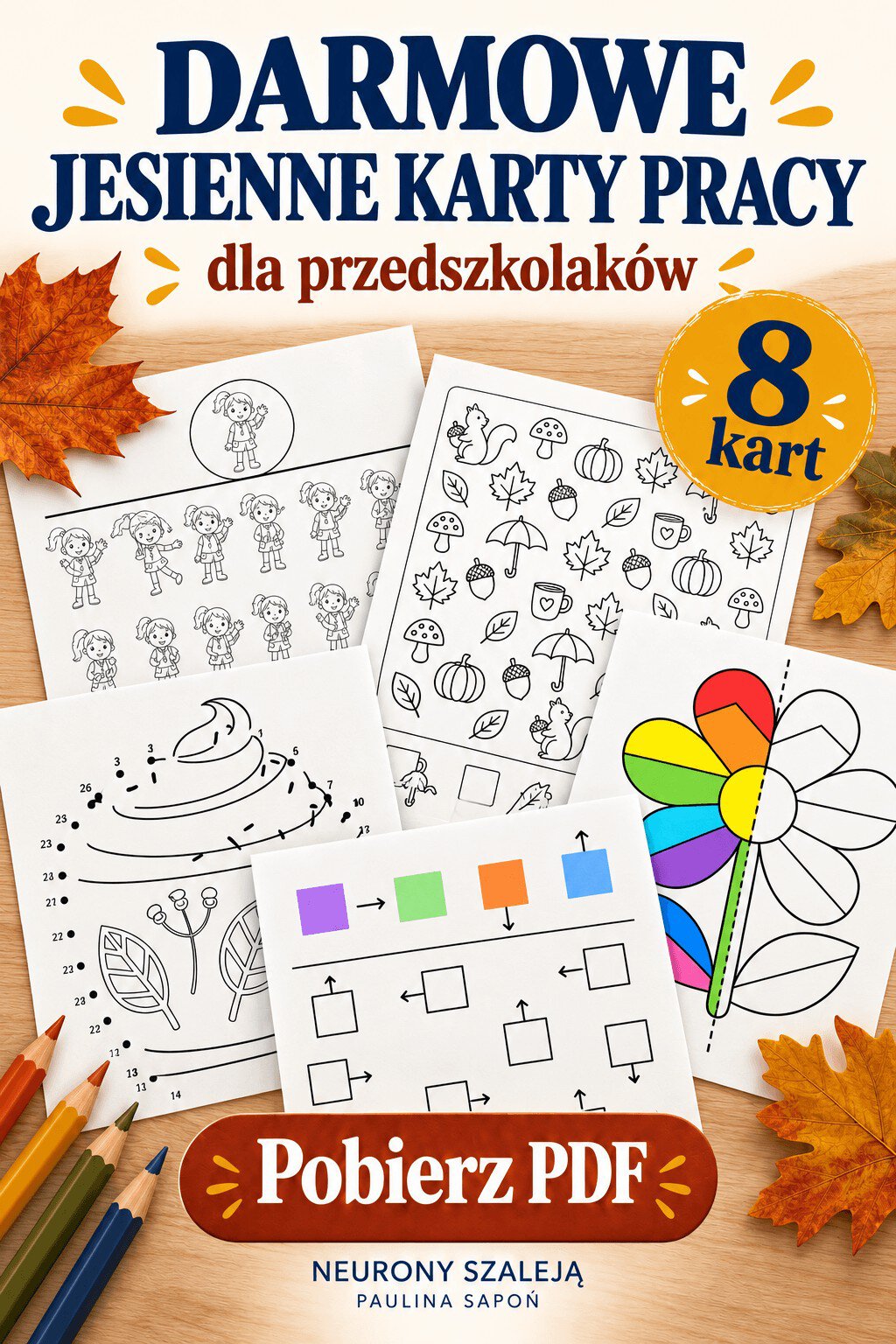 Darmowa próbka — podglądy pięciu różnych kart: szukanie postaci, liczenie, łączenie kropek, kolorowy kwiat i odtwarzanie wzorów