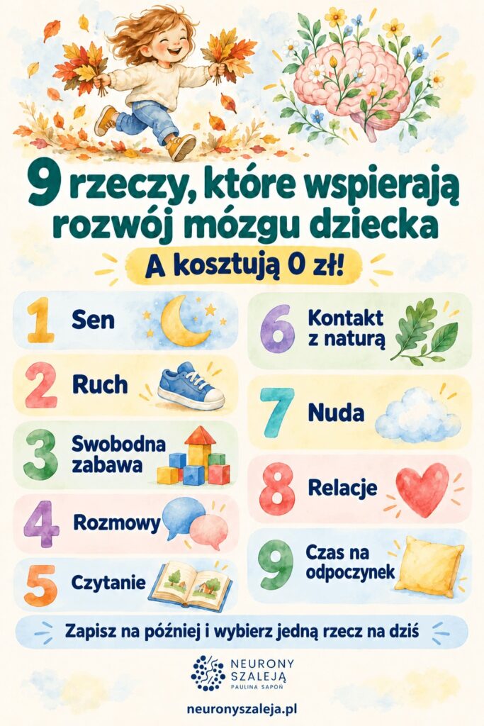 Infografika: 9 rzeczy, które wspierają rozwój mózgu dziecka — sen, ruch, zabawa, rozmowy, czytanie, natura, nuda, relacje, odpoczynek