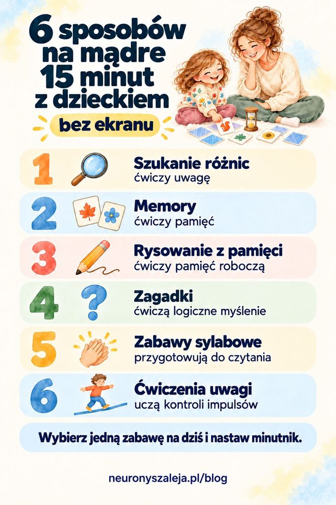 6 sposobów na mądre 15 minut z dzieckiem bez ekranu: szukanie różnic, memory, rysowanie z pamięci, zagadki, zabawy sylabowe, ćwiczenia uwagi